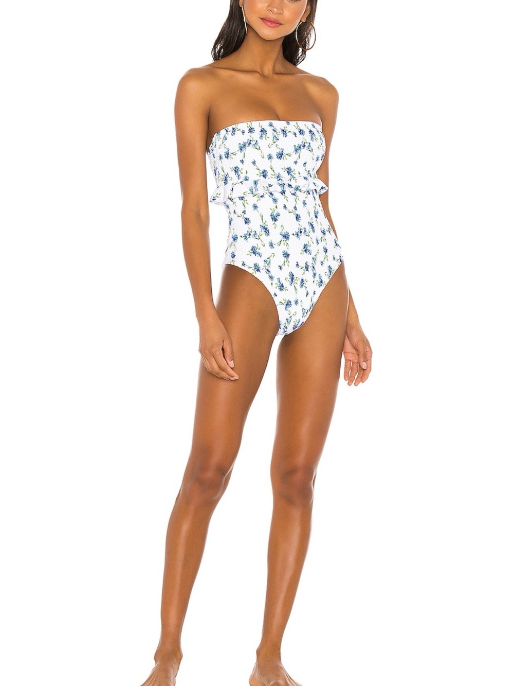 Tularosa White & Blue Floral Strapless One-Piece Swimsuit
